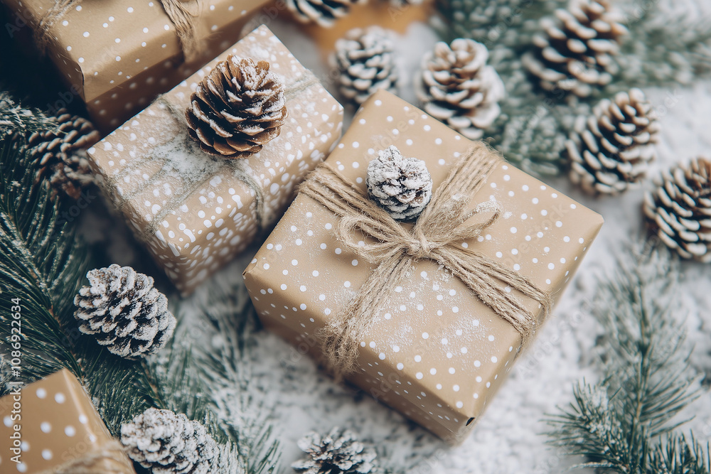 A festive Christmas and New Year holiday background featuring neatly arranged gifts on a white backdrop. Perfect for an elegant Xmas greeting card, with a flat lay design exuding holiday cheer. A festive Christmas and New Year holiday background featuring neatly arranged gifts on a white backdrop. Perfect for an elegant Xmas greeting card, with a flat lay design exuding holiday cheer.