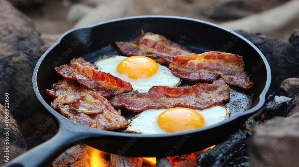 Fried bacon and eggs sizzle in a cast iron skillet over an open flame, showcasing a rustic camping breakfast in the wilderness. Fried bacon and eggs sizzle in a cast iron skillet over an open flame, showcasing a rustic camping breakfast in the wilderness.