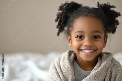 A young girl with a warm smile. This photo portrays the innocence and joy of childhood, perfect for illustrating articles about family, love, and happiness.