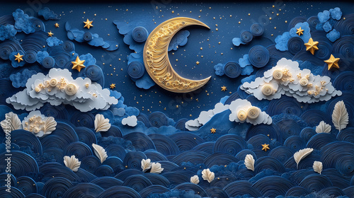 Handmade Paper Art: Moon and Stars in Night Sky