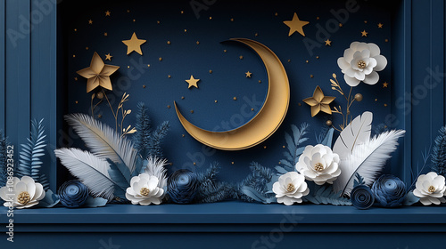 Handmade Paper Art: Moon and Stars in Night Sky