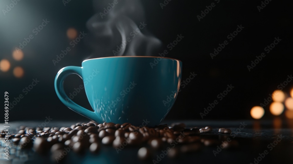custom made wallpaper toronto digitalBlue coffee cup emitting steam surrounded by coffee beans, set against a dark background, evoking a cozy warm beverage ambiance.