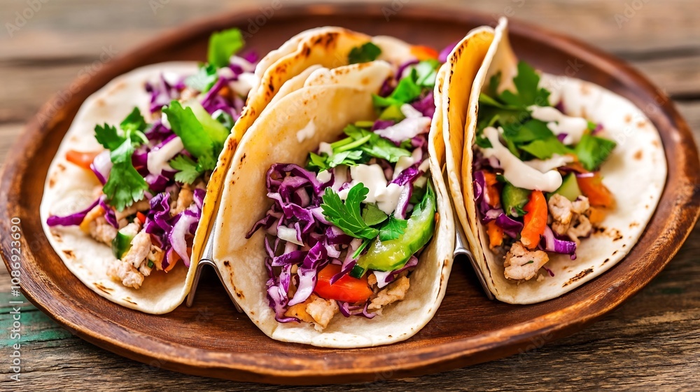 Colorful Tacos on a Rustic Plate with Warm Lighting and Open Space Colorful Tacos on a Rustic Plate with Warm Lighting and Open Space