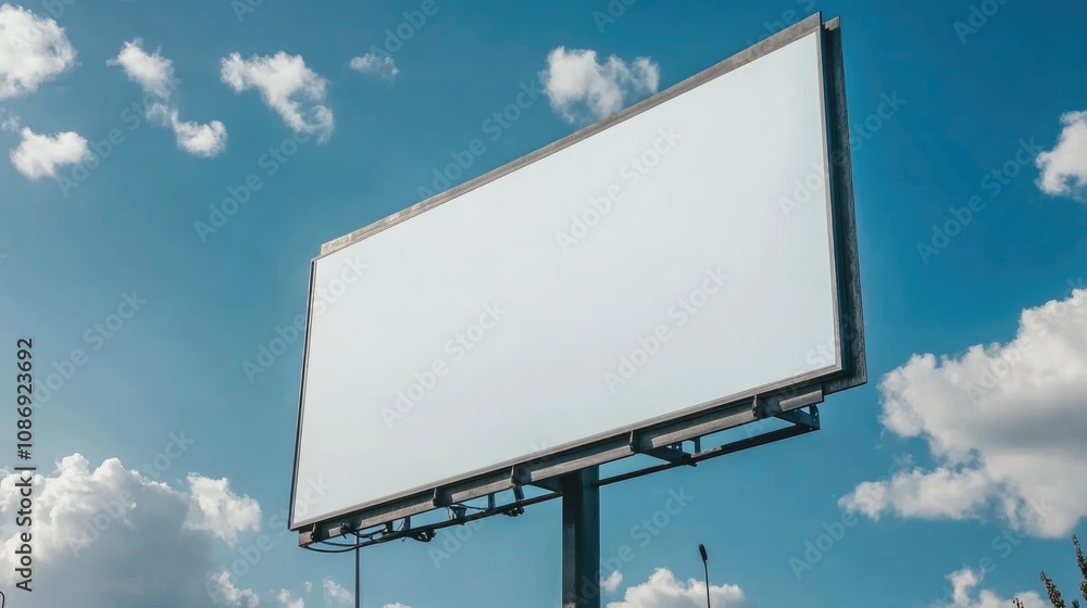 Empty outdoor billboard mockup against a blue sky with scattered clouds, showcasing an unoccupied advertising display for potential use. Empty outdoor billboard mockup against a blue sky with scattered clouds, showcasing an unoccupied advertising display for potential use.