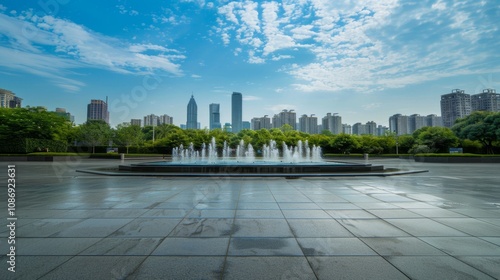 Empty square floor with city skyline background, Downtown Tranquility cityscape photography, midday lighting photo