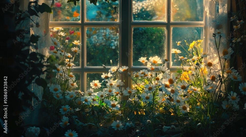 A sunlit window view revealing a vibrant blooming garden filled with daisies and colorful flowers, creating a serene and inviting atmosphere. A sunlit window view revealing a vibrant blooming garden filled with daisies and colorful flowers, creating a serene and inviting atmosphere.