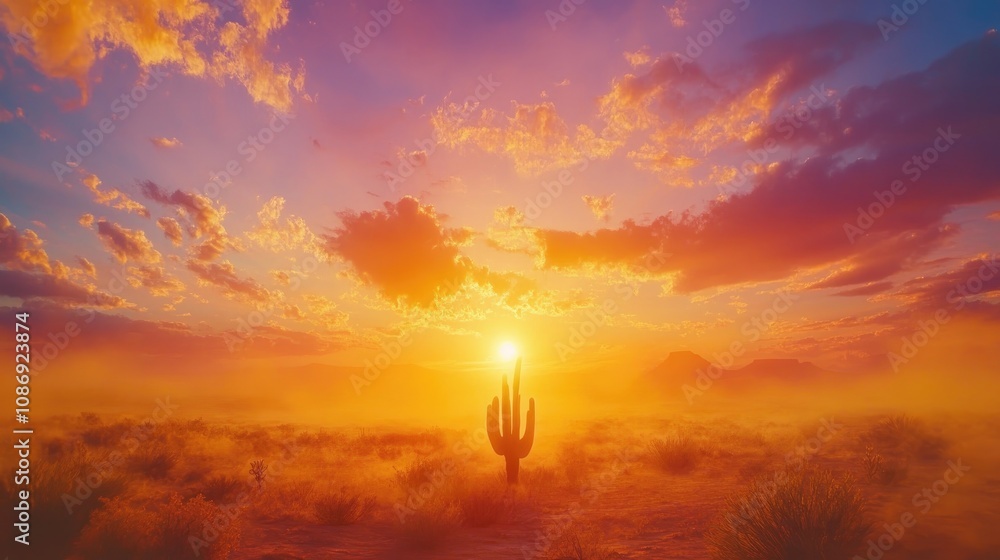 Fototapeta premium A stunning desert sunset illuminates a solitary cactus silhouetted against a backdrop of vibrant orange and purple skies, embodying the tranquil beauty of nature's canvas.