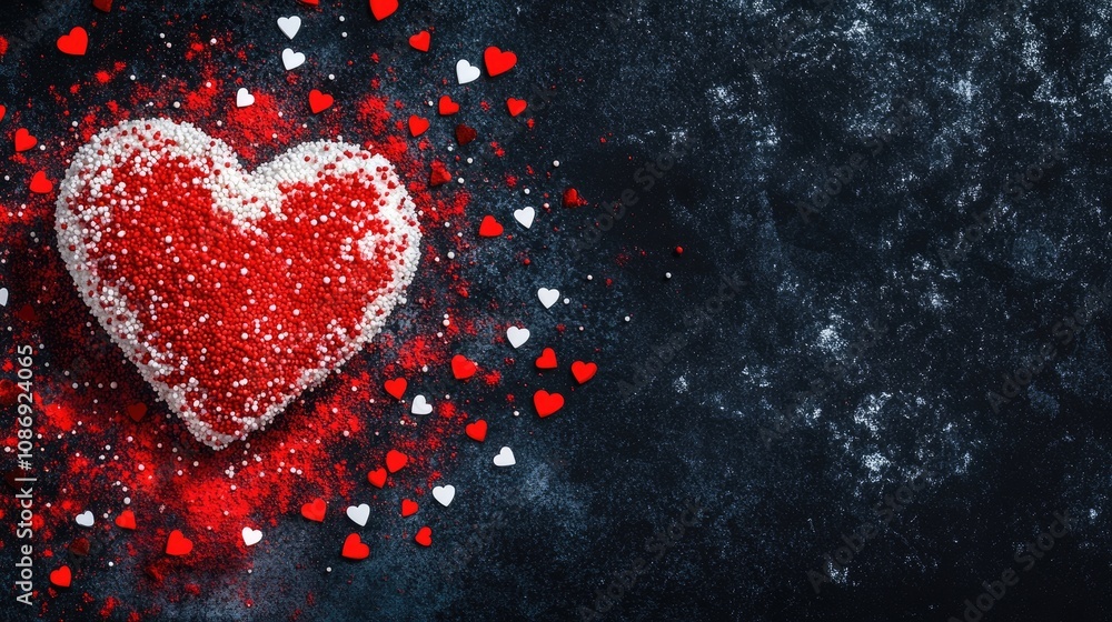 Heart-shaped cake covered in red and white sprinkles on a dark textured background, surrounded by small scattered red and white hearts. Heart-shaped cake covered in red and white sprinkles on a dark textured background, surrounded by small scattered red and white hearts.