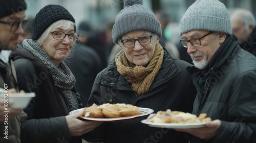 Community Winter Gathering: Seniors Enjoying Outdoor Meal in Warm Clothing. Generative ai