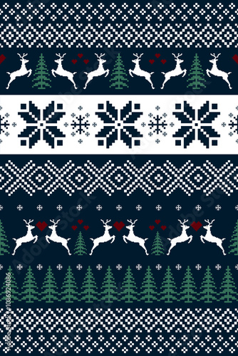 Christmas and New Year. Red, blue, green and white seamless pixel pattern. Christmas ethnic pixel pattern with Nordic flowers, reindeers, pine trees for winter hats, folk sweaters and festive jumpers.
