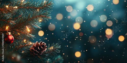 Christmas festive background with bokeh and lights. image. Created with Generative AI technology