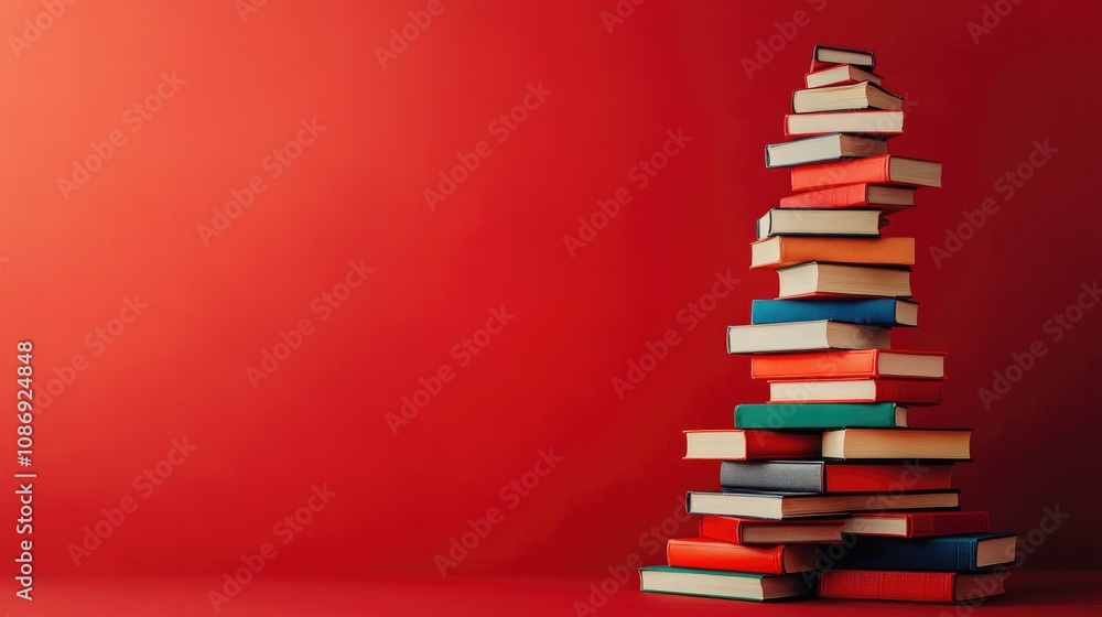 Stacked books arranged as a Christmas tree against a vibrant red backdrop, showcasing a minimalist holiday theme for festive reading and book sales. Stacked books arranged as a Christmas tree against a vibrant red backdrop, showcasing a minimalist holiday theme for festive reading and book sales.