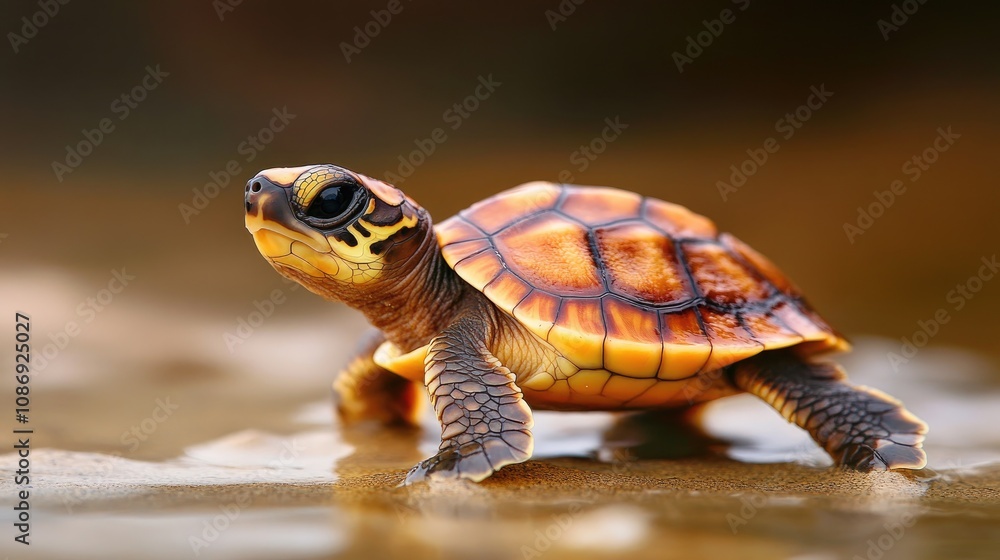 Obraz premium Baby turtle crawling on wet sand, showcasing vibrant shell colors and intricate textures, heading towards the ocean under soft lighting.