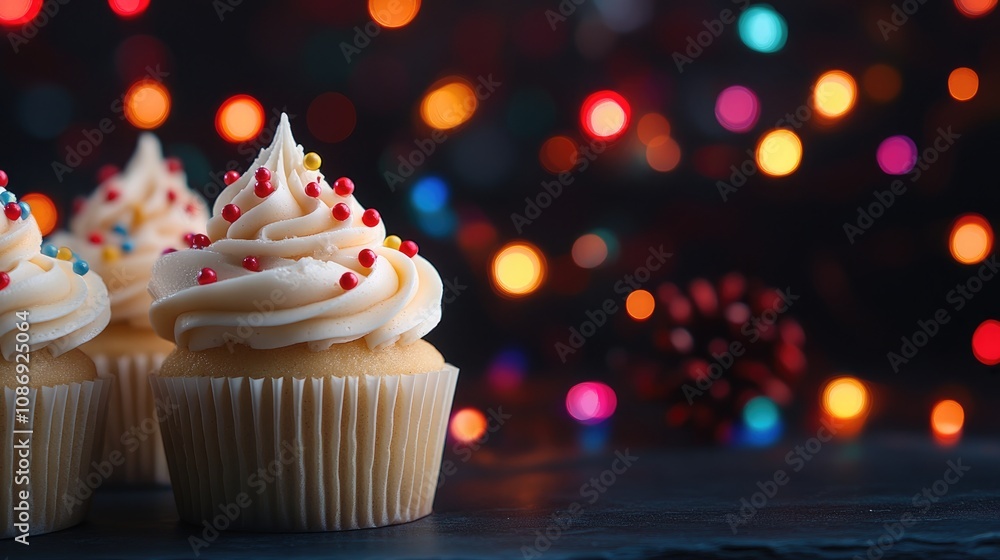 Christmas-themed vanilla cupcakes with swirled frosting and colorful sprinkles, set against a backdrop of vibrant holiday lights. Christmas-themed vanilla cupcakes with swirled frosting and colorful sprinkles, set against a backdrop of vibrant holiday lights.