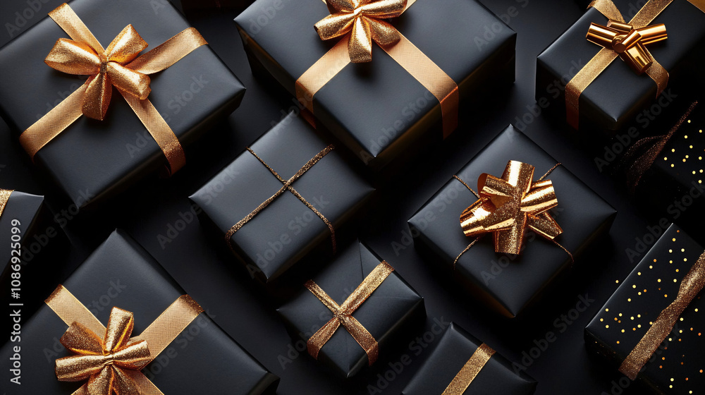 Elegantly arranged black gift boxes with golden ribbons, perfect for celebrating events like Black Friday, weddings, or luxury occasions, emphasizing sophistication and style. Elegantly arranged black gift boxes with golden ribbons, perfect for celebrating events like Black Friday, weddings, or luxury occasions, emphasizing sophistication and style.
