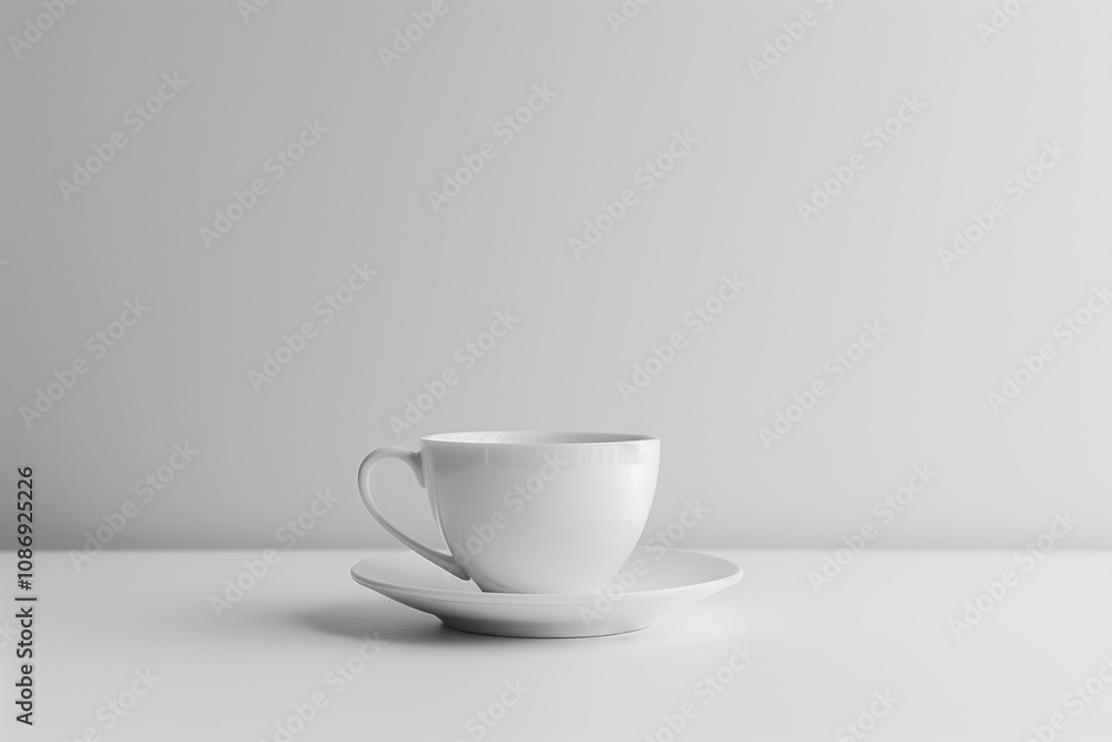 A minimalistic, all-white coffee cup on a white saucer against a white backdrop. A minimalistic, all-white coffee cup on a white saucer against a white backdrop.