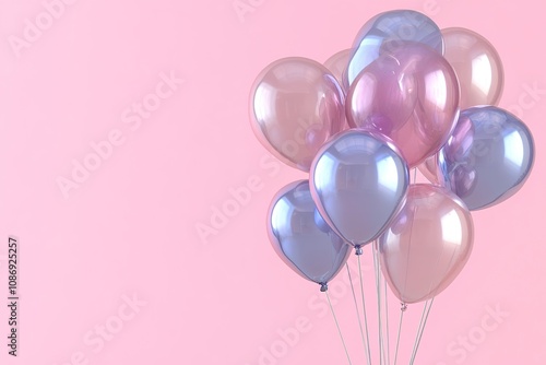 Pastel balloons on pink background. 3d rendering, Birthday party background,