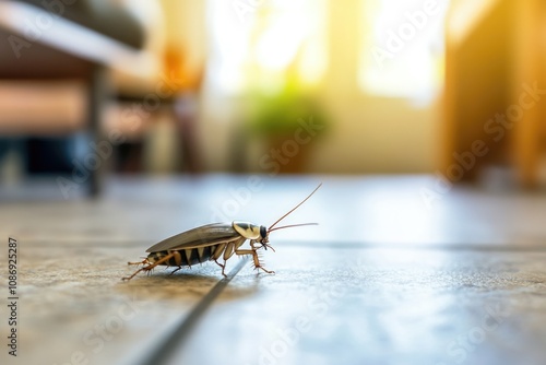Cockroach crawling on kitchen floor.