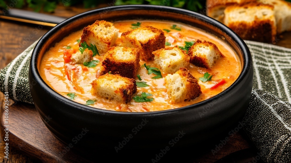 Creamy Tomato Soup with Crunchy Croutons in a Warm Comforting Setting Creamy Tomato Soup with Crunchy Croutons in a Warm Comforting Setting