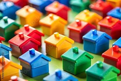 Colorful miniature houses arranged in a vibrant pattern, symbolizing real estate and housing markets, ideal for games or property-related themes.