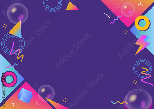 Playful 90s Geometric Background with Colorful Shapes and Blue Copy Space