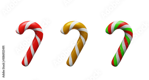 3d render set striped traditional candy red green stick for Christmas. Three dimensional collection lollipop vector illustration. December colorful sugar candy cane. Merry Christmas and Happy New Year