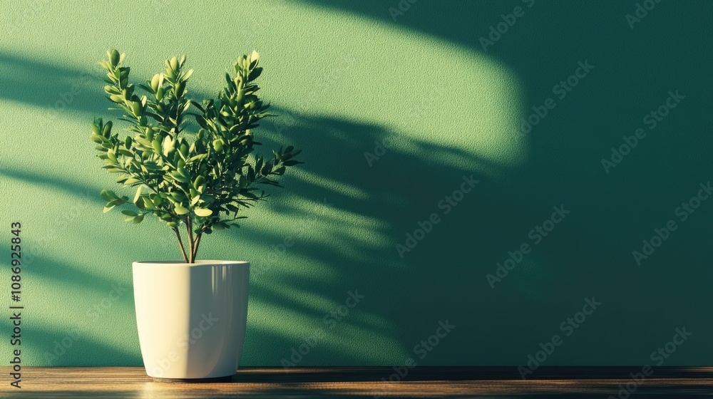 White potted plant with lush green leaves on a wooden table, illuminated against a soft green wall, casting gentle shadows. White potted plant with lush green leaves on a wooden table, illuminated against a soft green wall, casting gentle shadows.