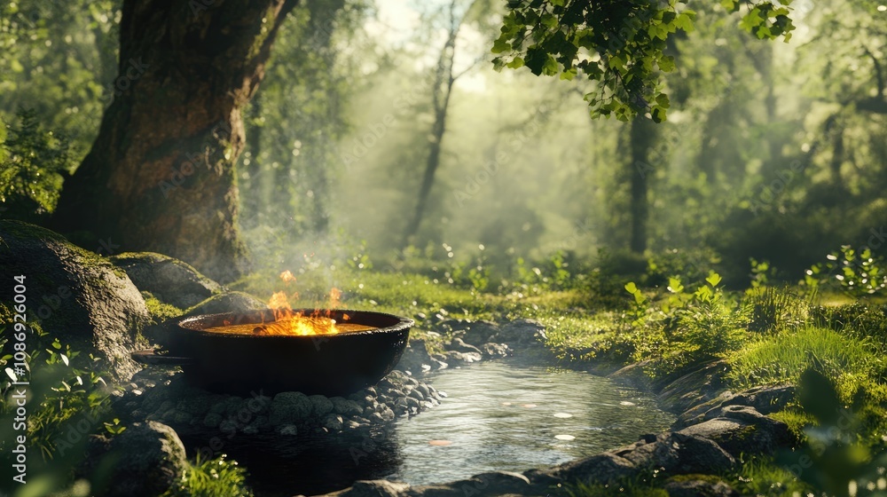 A bubbling pot of soup simmering over an open fire beside a tranquil stream in a lush forest, surrounded by dappled sunlight filtering through green trees and foliage. A bubbling pot of soup simmering over an open fire beside a tranquil stream in a lush forest, surrounded by dappled sunlight filtering through green trees and foliage.