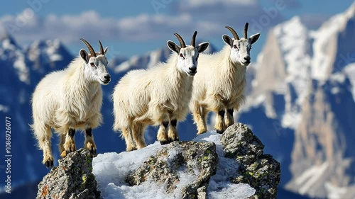 Majestic Mountain Goats on a Snowy Peak
