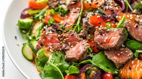 Beef and vegetable salad featuring salmon poke, vibrant greens, and colorful peppers, presented in a close-up view on a clean white background, emphasizing freshness.