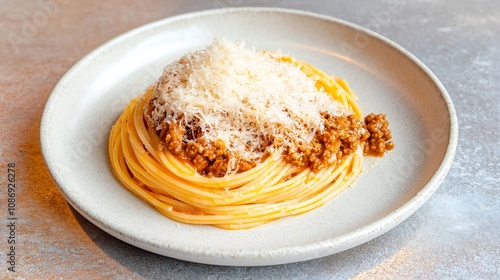 Plate of Spaghetti Bolognese with Parmesan Shavings in Warm Tones