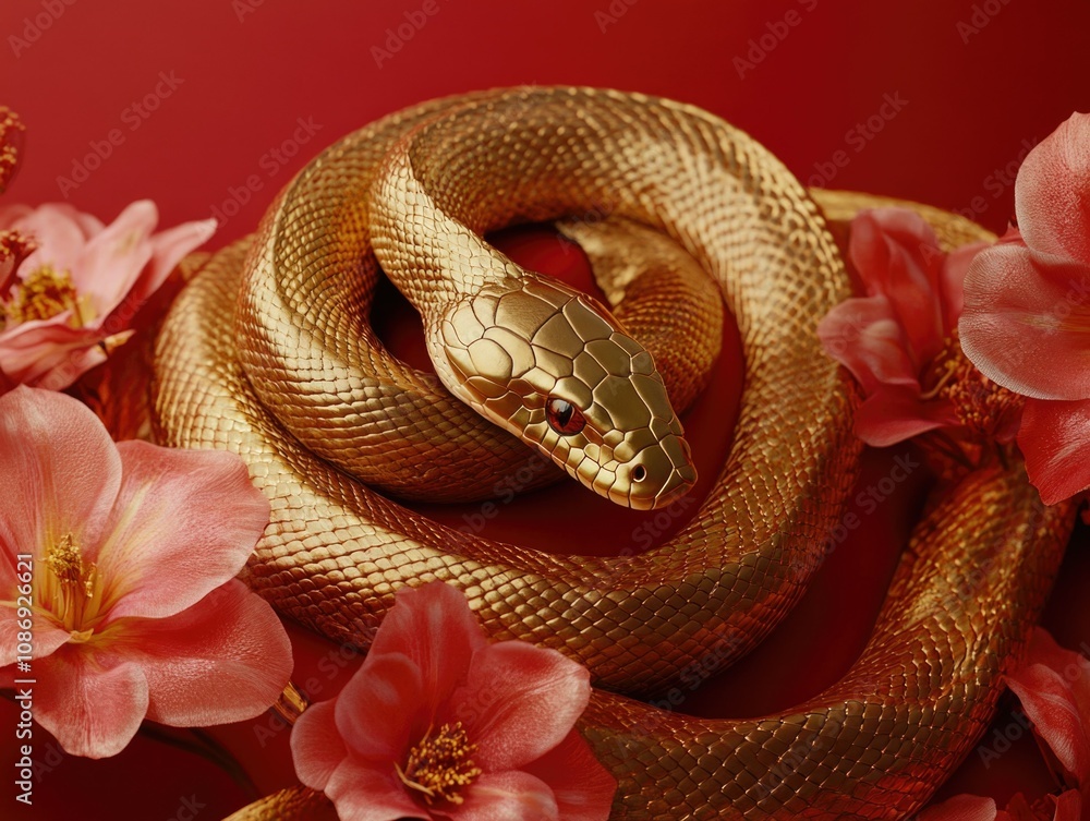Fototapeta premium Vivid Python Coiled Amidst Red and Pink Flower Blossoms