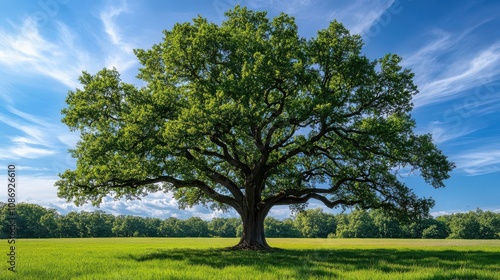 Majestic Oak Tree Stands Tall in Verdant Field Under a Blue Sky