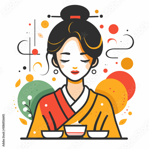 Japanese woman in kimono with tea ceremony. Vector illustration.