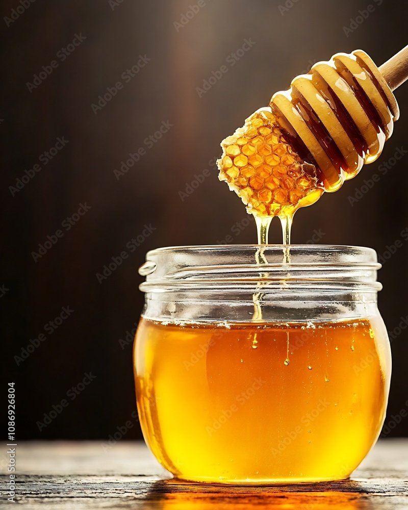 Rustic Honey Jar with Dripping Honeycomb on Wooden Surface Rustic Honey Jar with Dripping Honeycomb on Wooden Surface