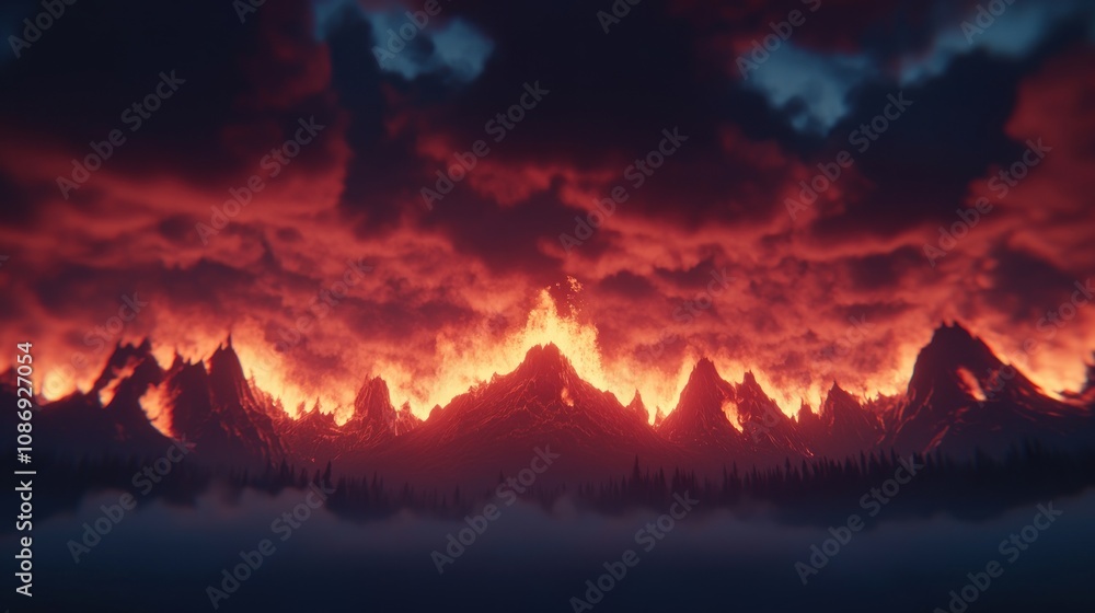 Volcanic eruption illuminates mountain range at dusk dramatic landscape photography nature scene Volcanic eruption illuminates mountain range at dusk dramatic landscape photography nature scene