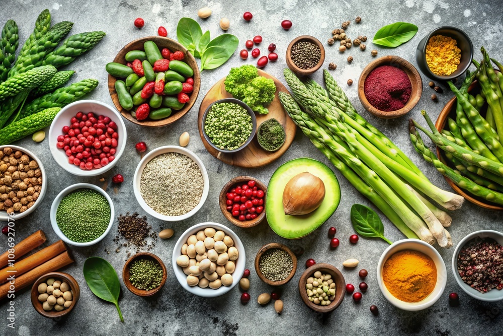 Aerial View of Organic Superfoods on Light Stone Background Featuring Legumes, Nuts, Seeds, Avocado, Green Peas, and Asparagus for Healthy Vegan Lifestyle Promotion Aerial View of Organic Superfoods on Light Stone Background Featuring Legumes, Nuts, Seeds, Avocado, Green Peas, and Asparagus for Healthy Vegan Lifestyle Promotion
