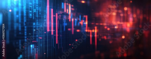 Digital background with stock market candlestick charts and circuit board elements.