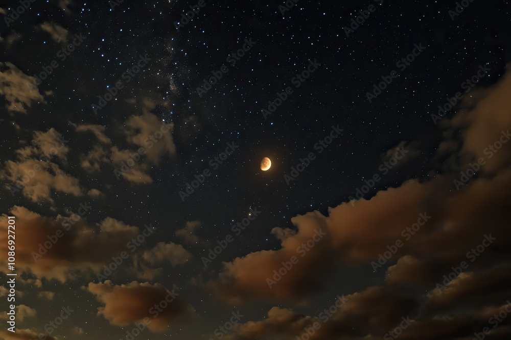 starry sky with half moon in scenic cloudscape starry sky with half moon in scenic cloudscape