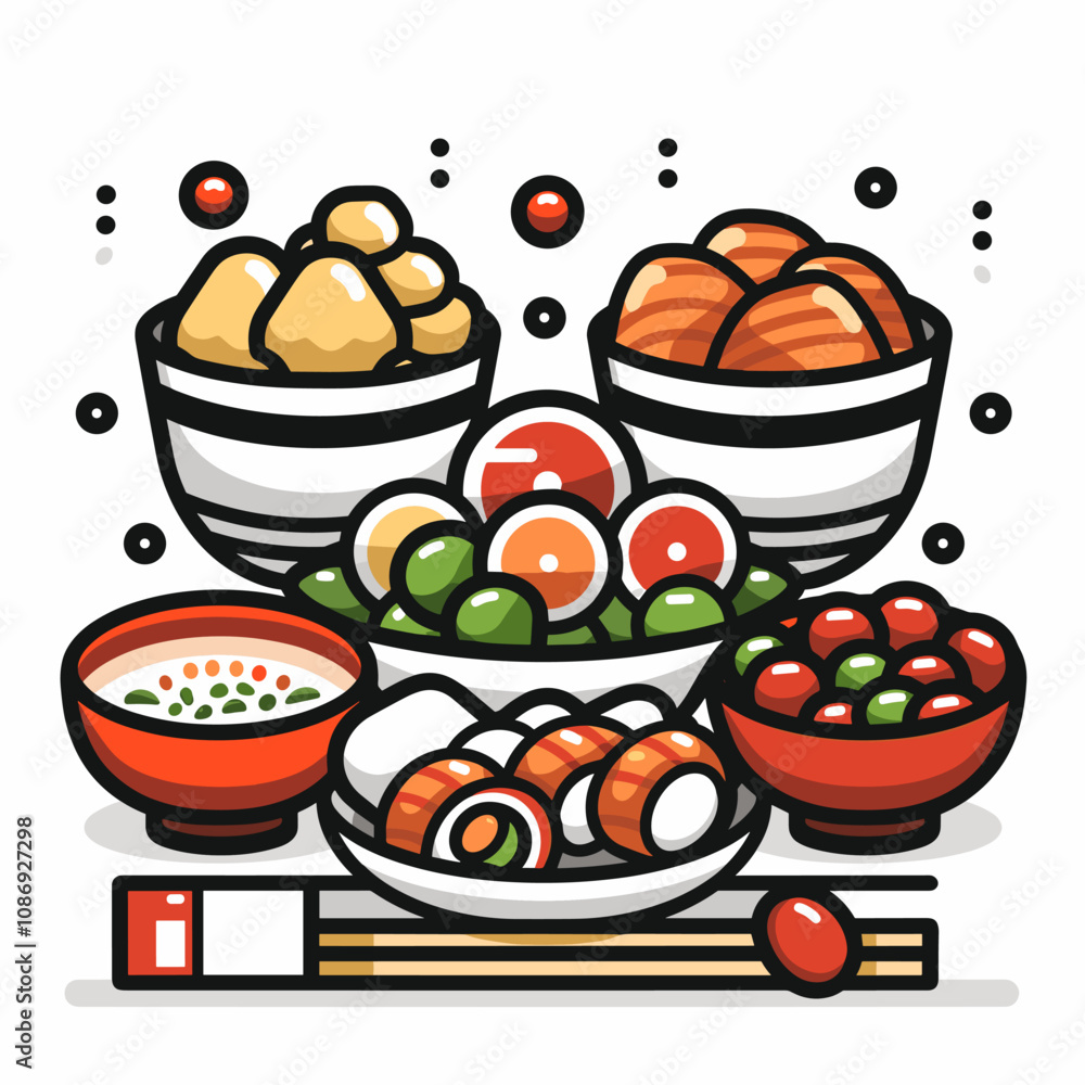 Japanese food vector illustration. Sushi and rolls in bowl with chopsticks. Japanese food vector illustration. Sushi and rolls in bowl with chopsticks.
