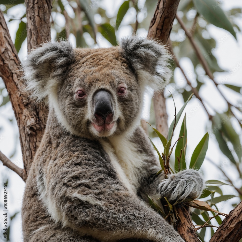 Obraz premium A sleepy koala resting in a tree, the white background enhancing its soft fur.