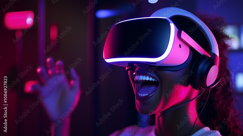 A woman wearing a VR headset and headphones is smiling and reaching out with her hand, illuminated by pink and blue lights A woman wearing a VR headset and headphones is smiling and reaching out with her hand, illuminated by pink and blue lights