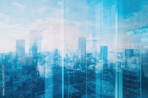 Double exposure of a modern cityscape and glass window with buildings in the background, a business concept banner design.