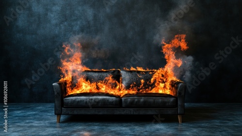 Fire emergency scene burning couch urban apartment dramatic image dark background disturbing concept photo