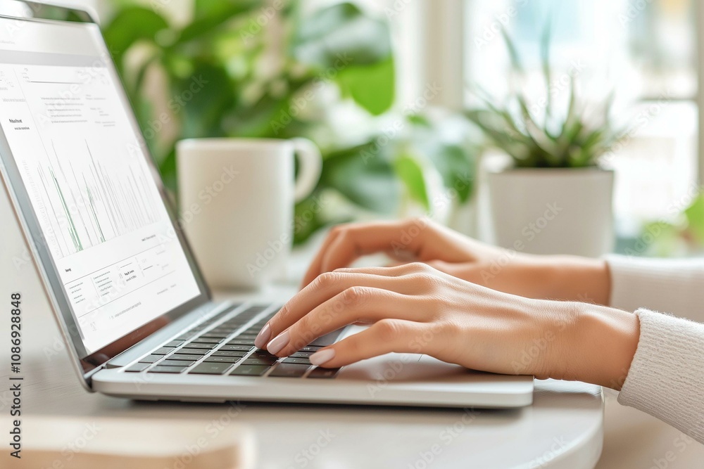 Fototapeta premium A person typing on a laptop in a cozy cafe with a cup of coffee and green plants, creating a warm, inspiring atmosphere.