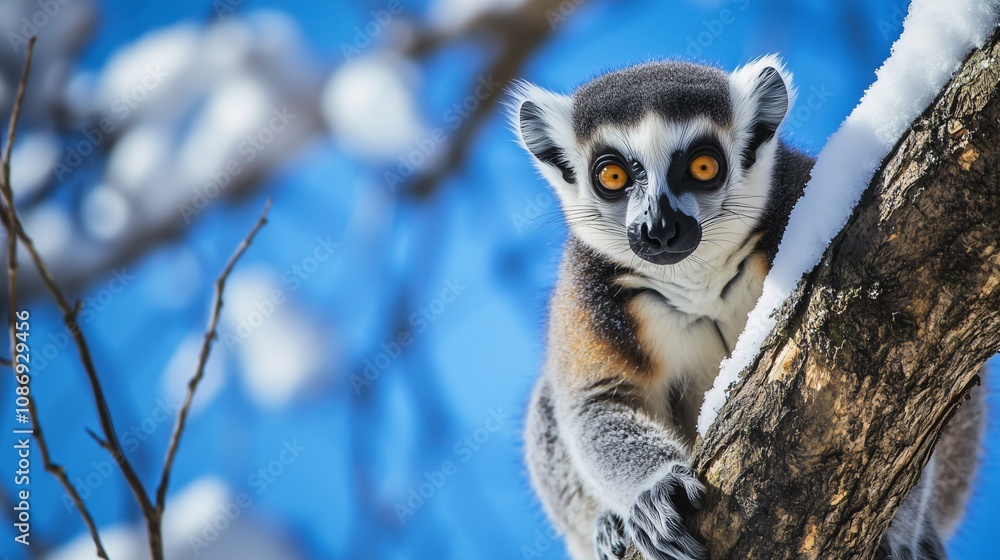 Close-up of a lemur clinging to a snowy tree branch, with a vibrant blue sky in the background Close-up of a lemur clinging to a snowy tree branch, with a vibrant blue sky in the background