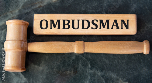 OMBUDSMAN - word on wooden blocks on a green background with a judge's gavel
