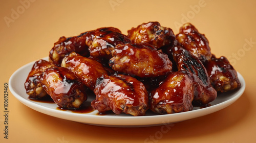 Delicious honey BBQ grilled chicken wings yummy grilled meat sweet and sour sauce vegetables fresh orange background. food photography advertising fashion restaurant cuisine gourmet wallpaper