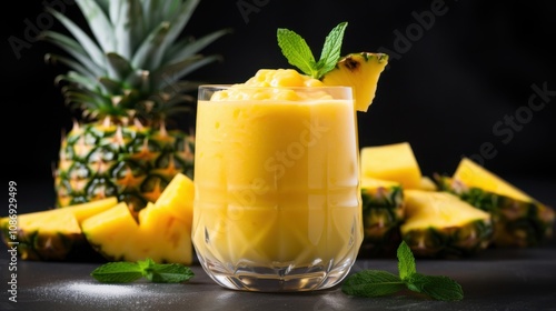 Refreshing Pineapple Mango Smoothie with Mint Garnish