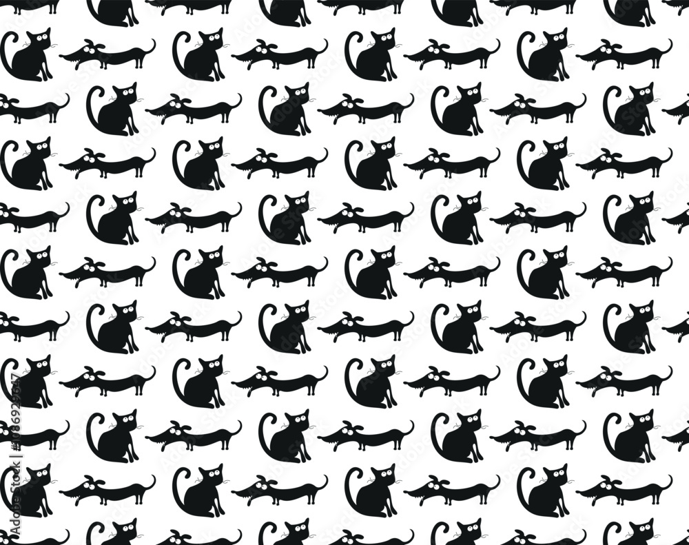 Fototapeta premium Seamless pattern with funny cartoon cats and dogs